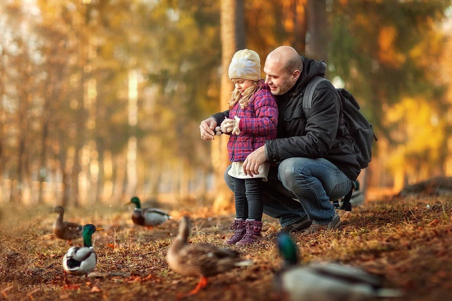 Девочка, Золотая осень, Папа, Папа с девочкой, Парк, Утки, Смаль Марина