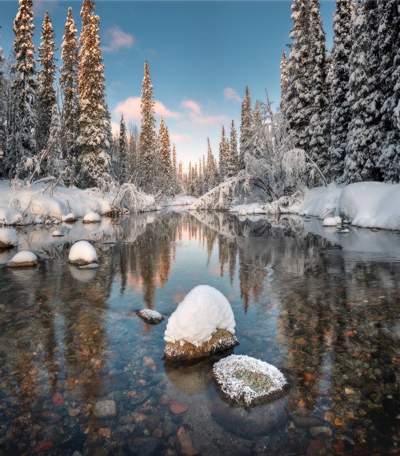кольский, зима, река, чистая вода, снег, иней, Сергей Буторин