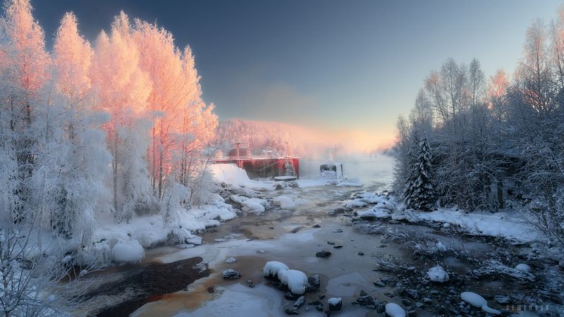 карелия, харлу, гэс, зима, мороз, река, иней, лёд. Разбивая лёд. фото превью