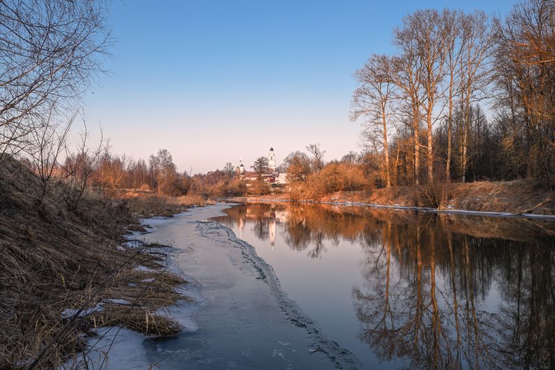 зима,вечер,февраль,река,храм,небо,свет,краски,отражение февральский вечер фото превью