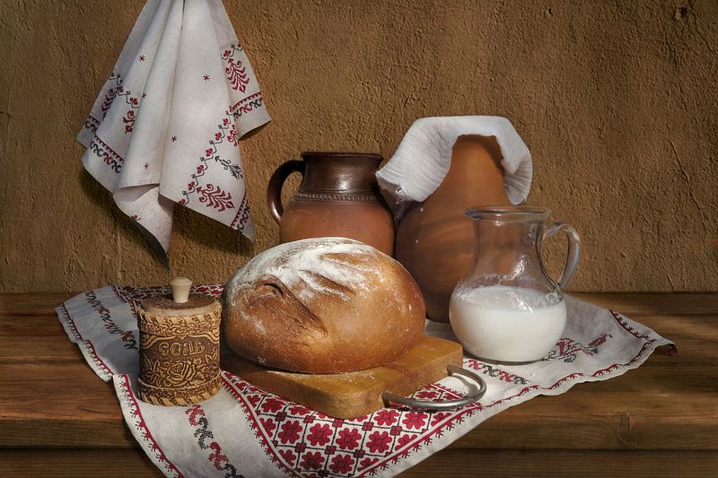 натюрморт,хлеб,соль,молоко,кувшин Хлеб да соль фото превью