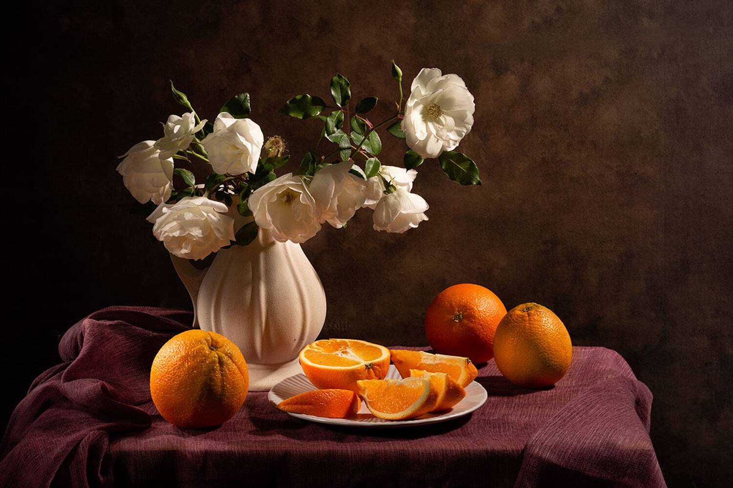 розы, вазв, апельсины, драпировка, Рут