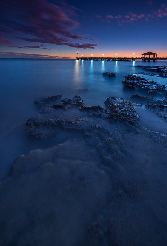 Blue, Bridge, Clouds, Lights, Long exposure, Sky, Stones, Sunset, Water *** фото превью