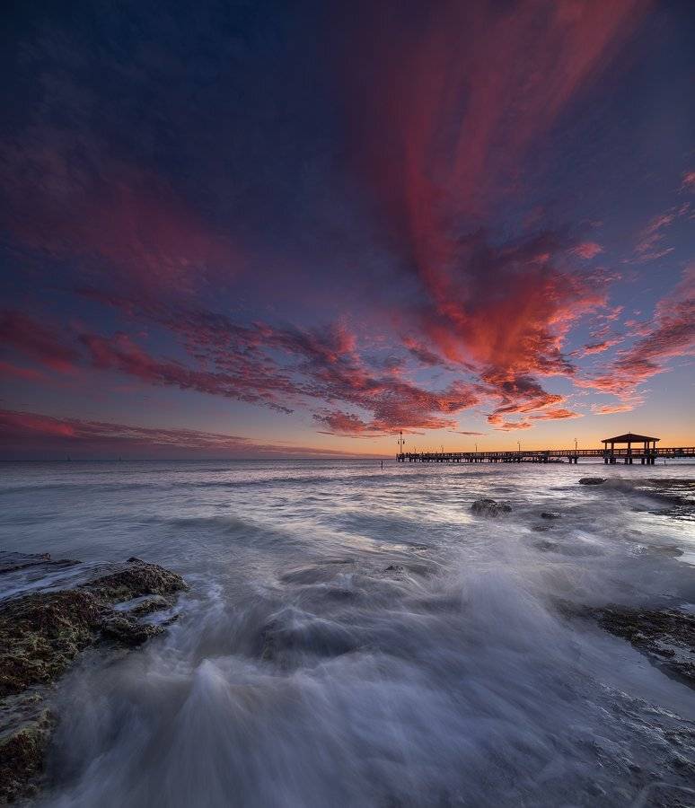 Bridge, Clouds, Ocean, Sky, Stones, Sun, Sunrise, Sunset, Waves, Whater, Alexandru Popovschi