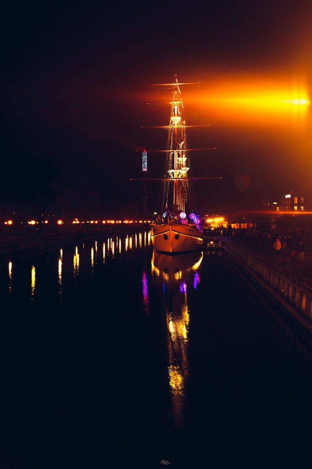 Klaipeda, Lights, Lithuania, Night, Old city, Reflection, Sailing ship, Руслан Болгов (Axe)