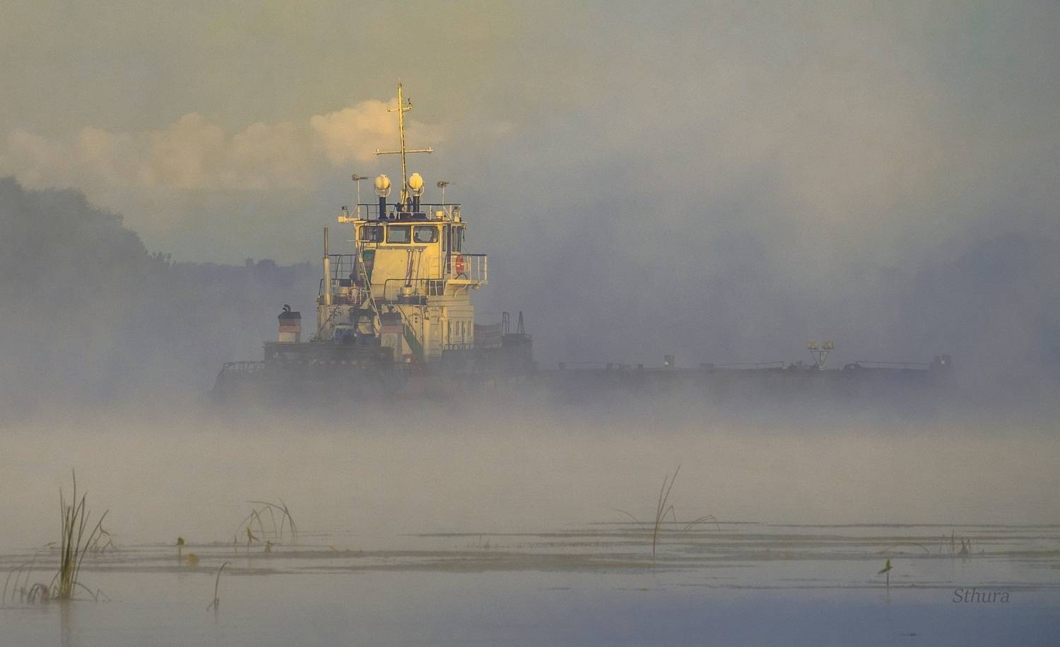 река туман утро буксир, Александр Строков