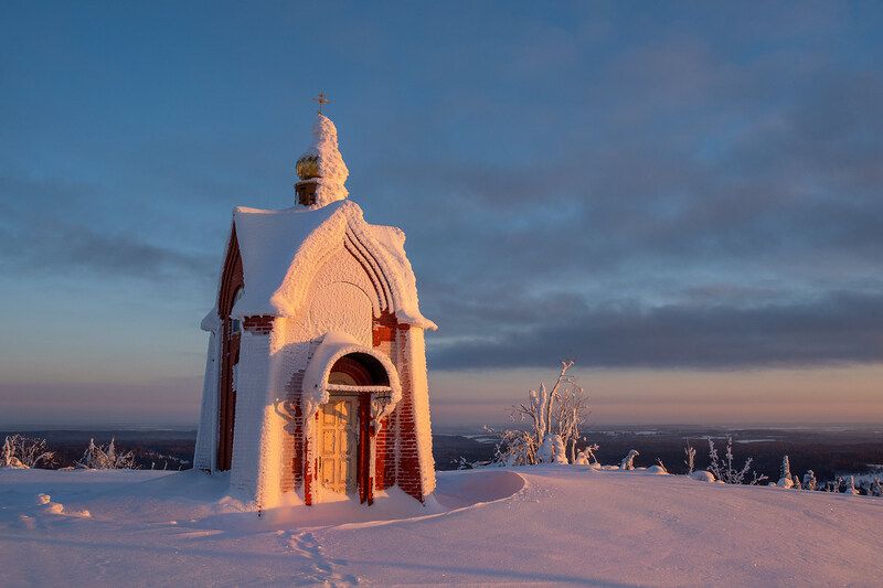 зима, вечер, закат, пейзаж, храм, церковь, часовня, Уединение фото превью