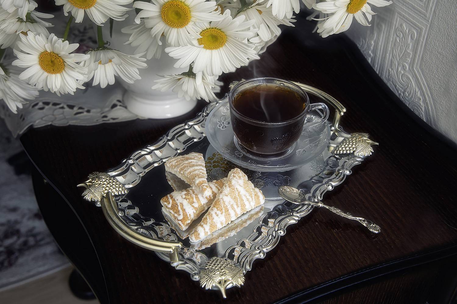 натюрморт, еда, чай, цветы, букеты, ромашки, печенье, Приходько Ирина