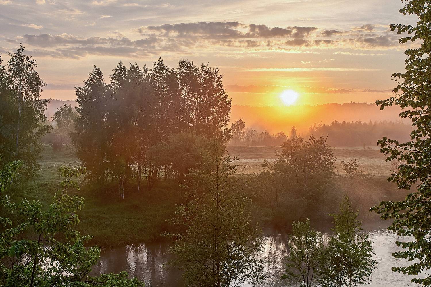 природа, пейзаж, весна, лето, лес, река, отражение, солнце, облака, туман, дымка, Юрий Спасенников