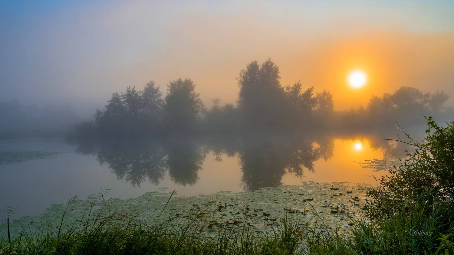 лето озеро туман рассвет природа пейзаж, Александр Строков