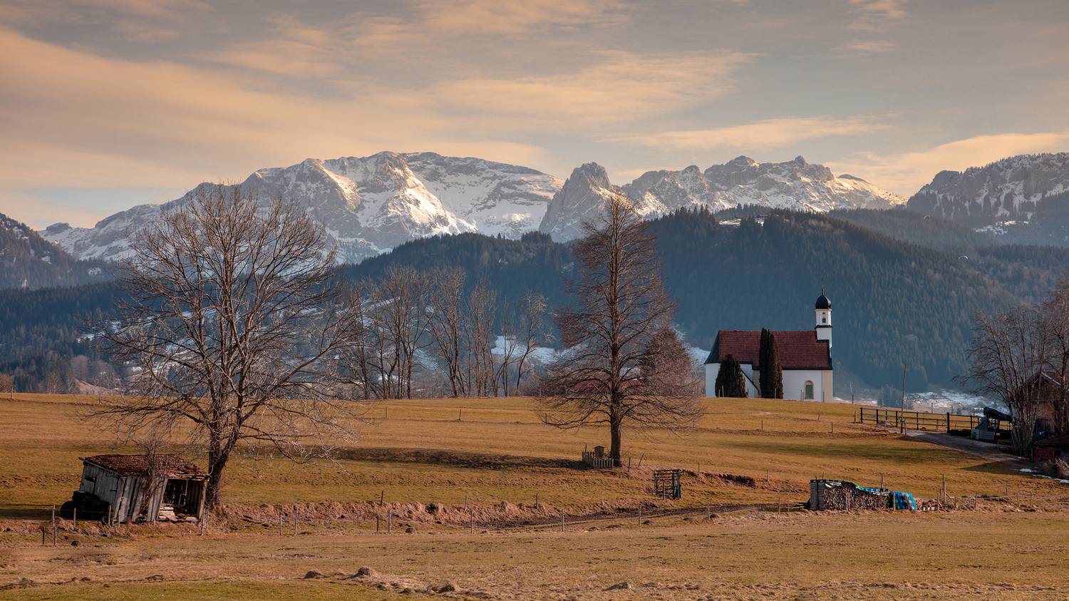 alps, mountains, germany, winter, deutschland, sunset, chapel,  Gregor