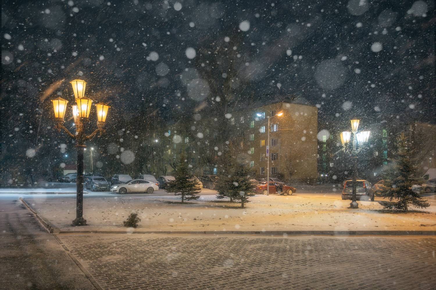 провинция, фонарь, снегопад, город, ночь, Московская область, ночной город, городской пейзаж, красивый фонарь, Мартыненко Дмитрий