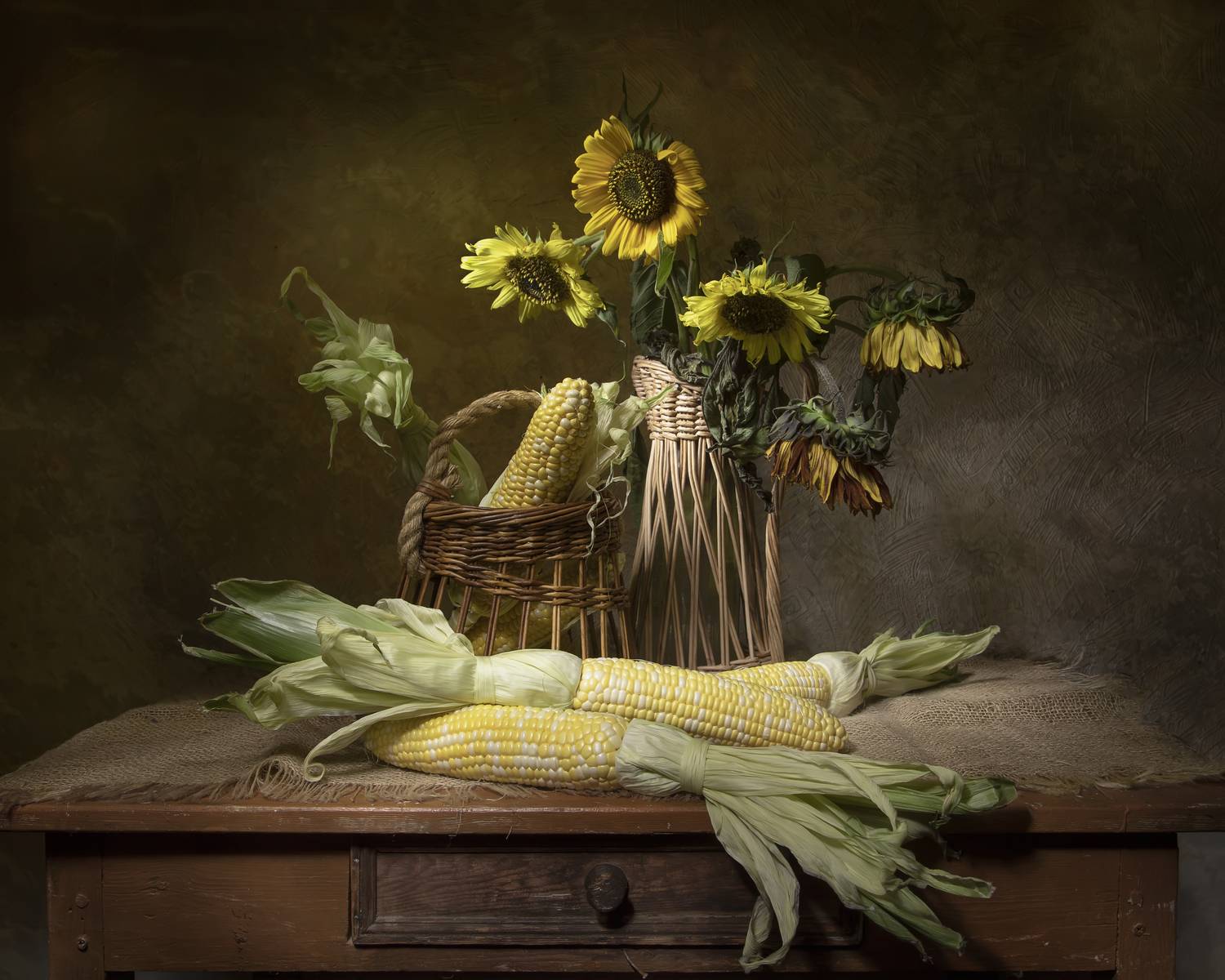 натюрморт, кукуруза, подсолнухи, Татьяна Феденкова