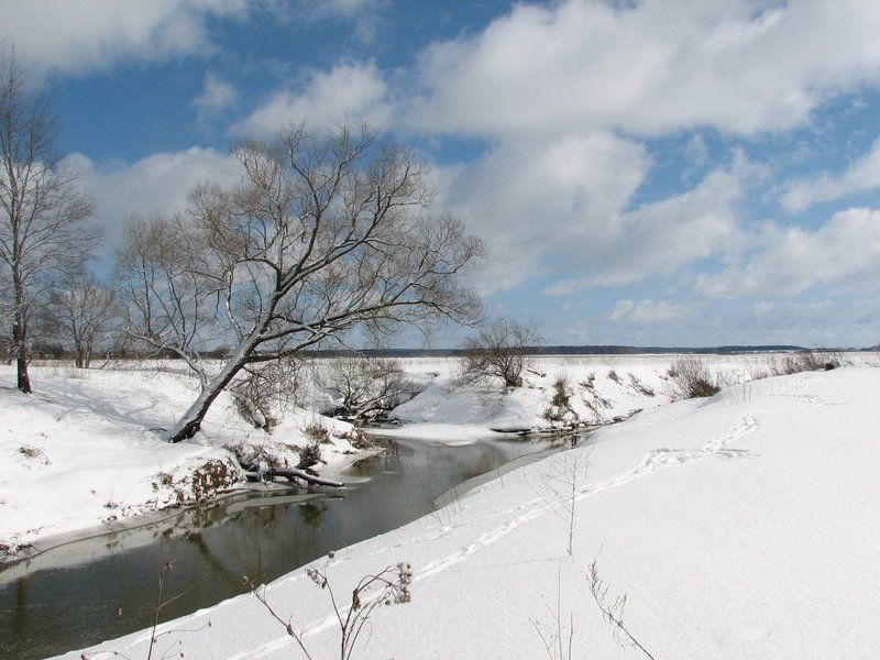 полдень, зима, снег, река, солнце,   облака Полдень фото превью