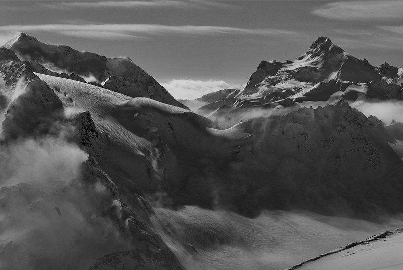 горы, , кавказ, эльбрус вокруг снега (ч.б) фото превью