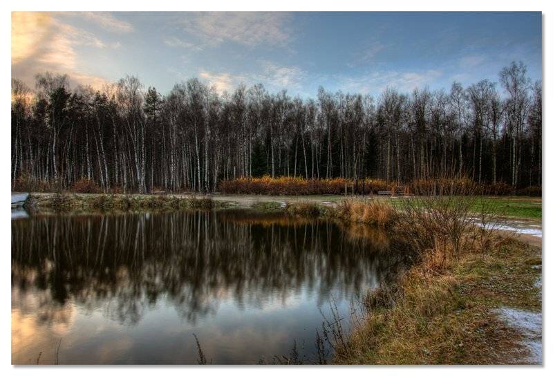 пруд, осень, снег, закат, Александр Мартынов