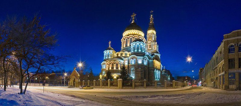 панорама, собор, зима, ночь Благовещенский собор фото превью