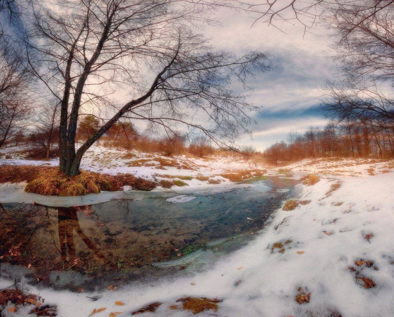 вечер, отражение, оттепель, ручей, февраль, Владимир