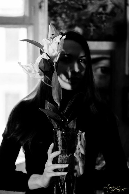 Ваза, Окно, Тени, Цветок, Черно-белое  фото превью