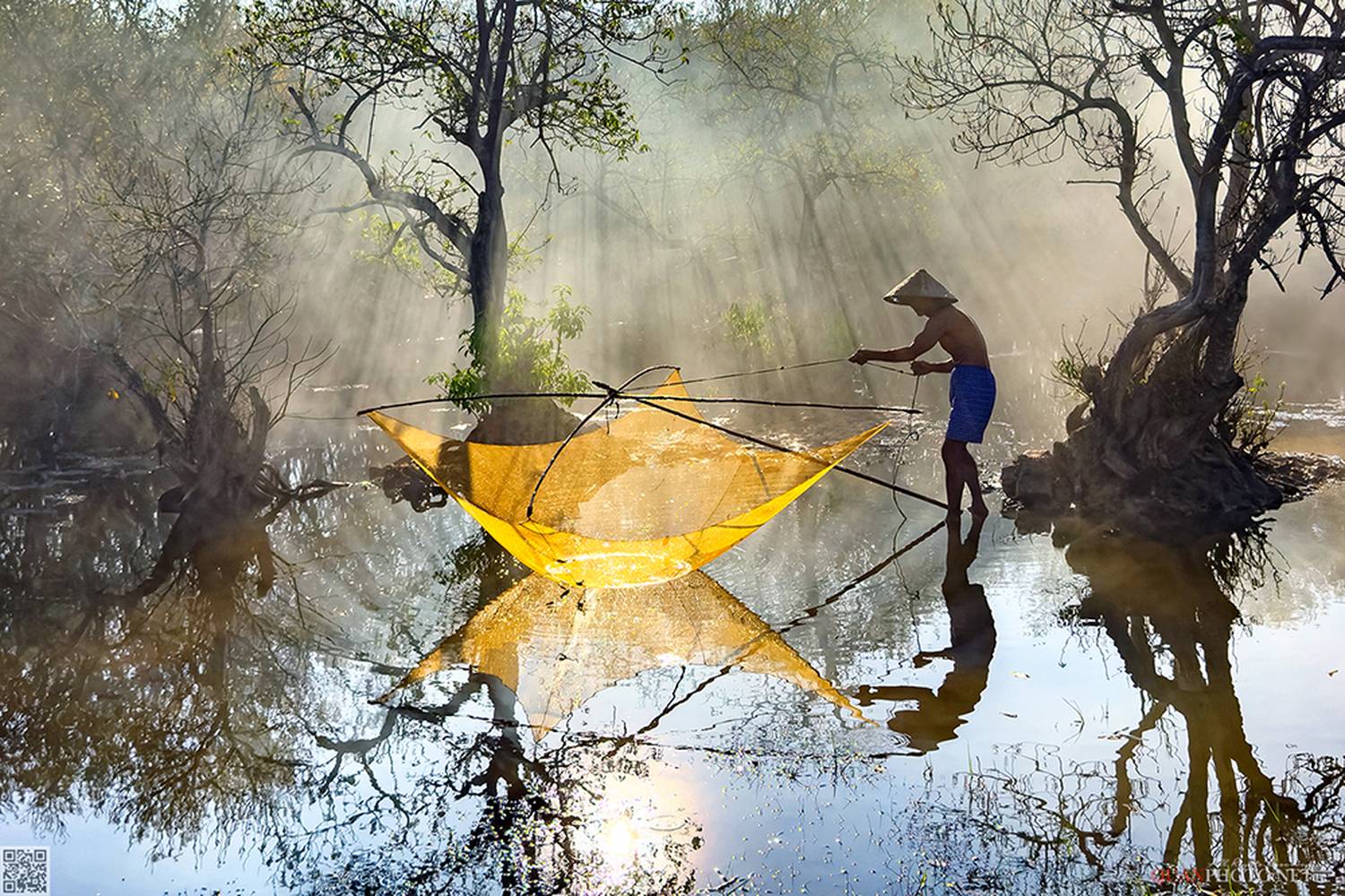 quanphoto, landscape, morning, sunlight, rays, reflection, fishing, fisherman, forest, rural, lagoon, vietnam, quanphoto