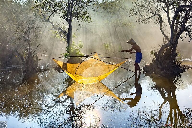 quanphoto, landscape, morning, sunlight, rays, reflection, fishing, fisherman, forest, rural, lagoon, vietnam Fishing at Dawn фото превью