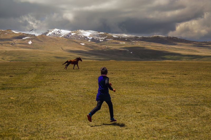 горы, пейзаж, облака, утро, весна Девочка, лошадь и горы фото превью