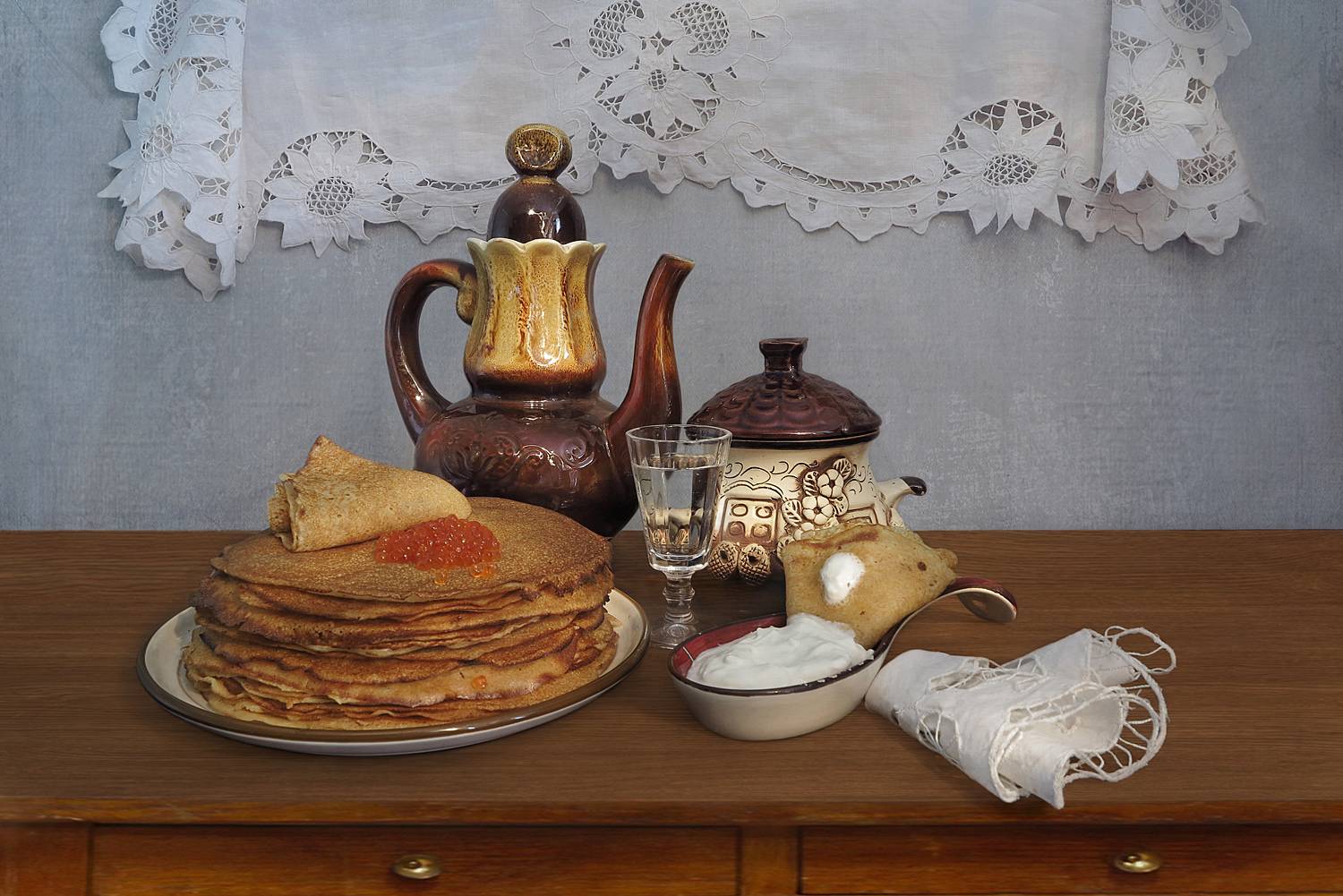 натюрморт,масленица,блины,рюмка,кувшин,сметана,икра, Алла Шевченко