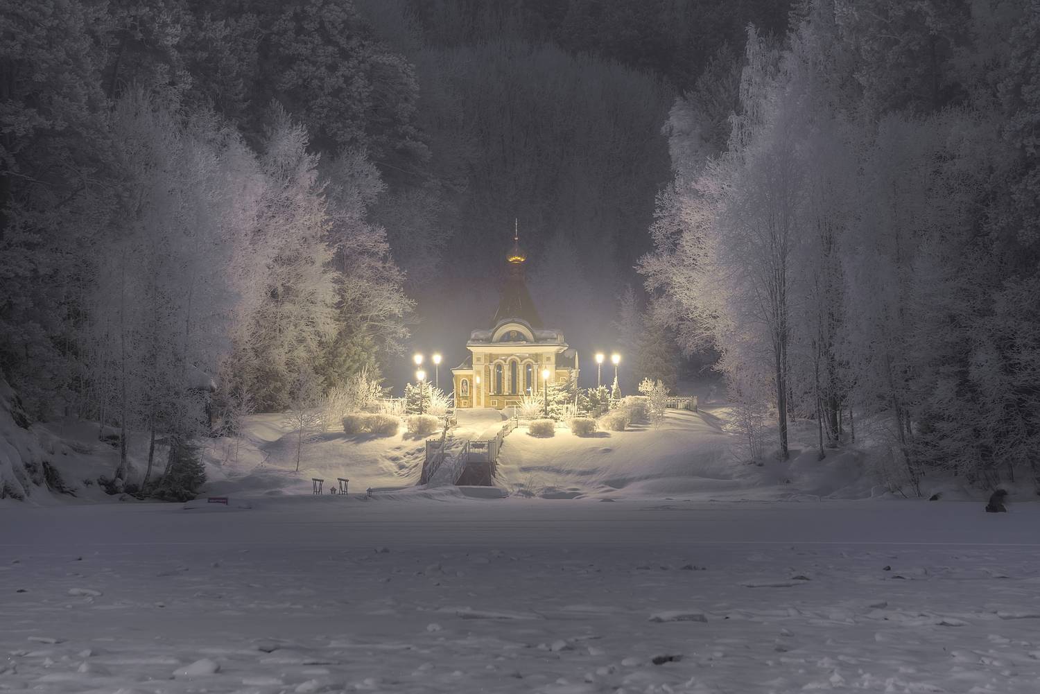 зима, озеро, часовня, монастырь, ночь, Гармашов Сергей