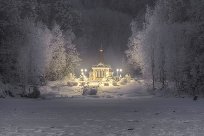 зима, озеро, часовня, монастырь, ночь  фото превью