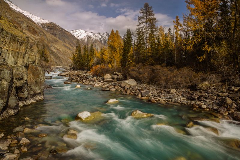 осень, день, река, длинная, выдержка, пейзаж Горная река фото превью