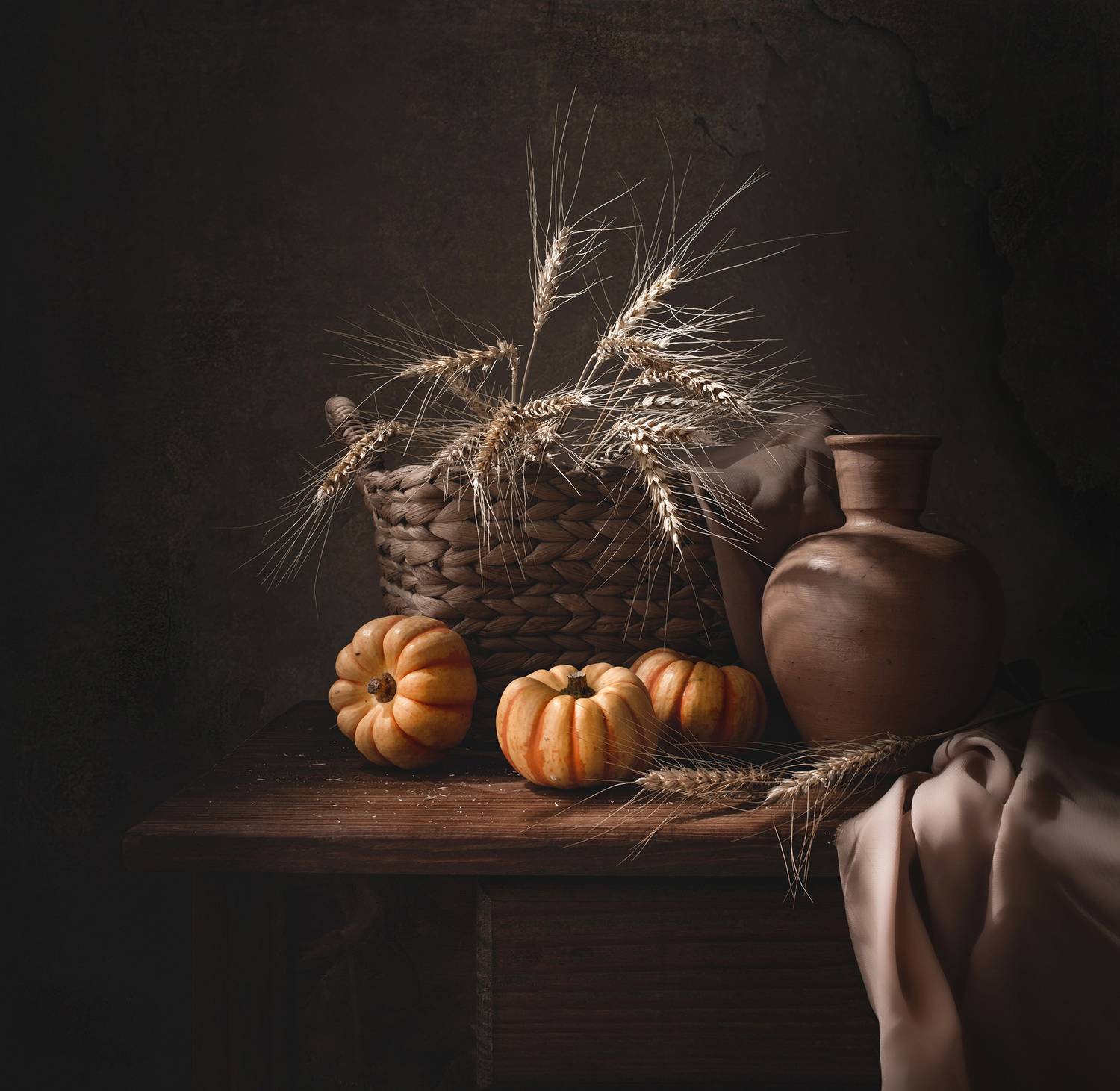 still life, pumpkins, light, shadow, wheat, Maria Margareth Perfoncio