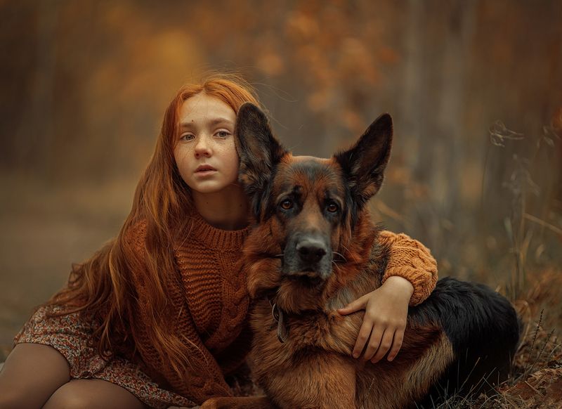 девочка, портрет, рыжик, ребенок, детский, детская, собака, питомец, друзья, дружба, осень, немецкая овчарка Мой друг фото превью