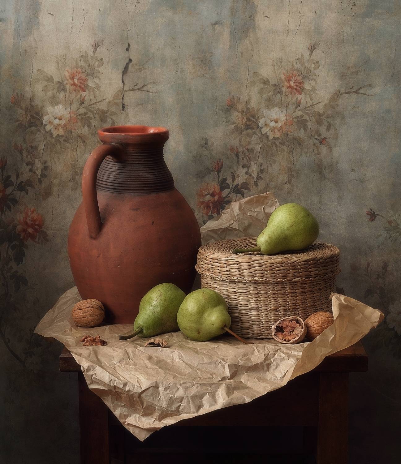 натюрморт,кувшин,корзинка,груши,бумага, Наталия К