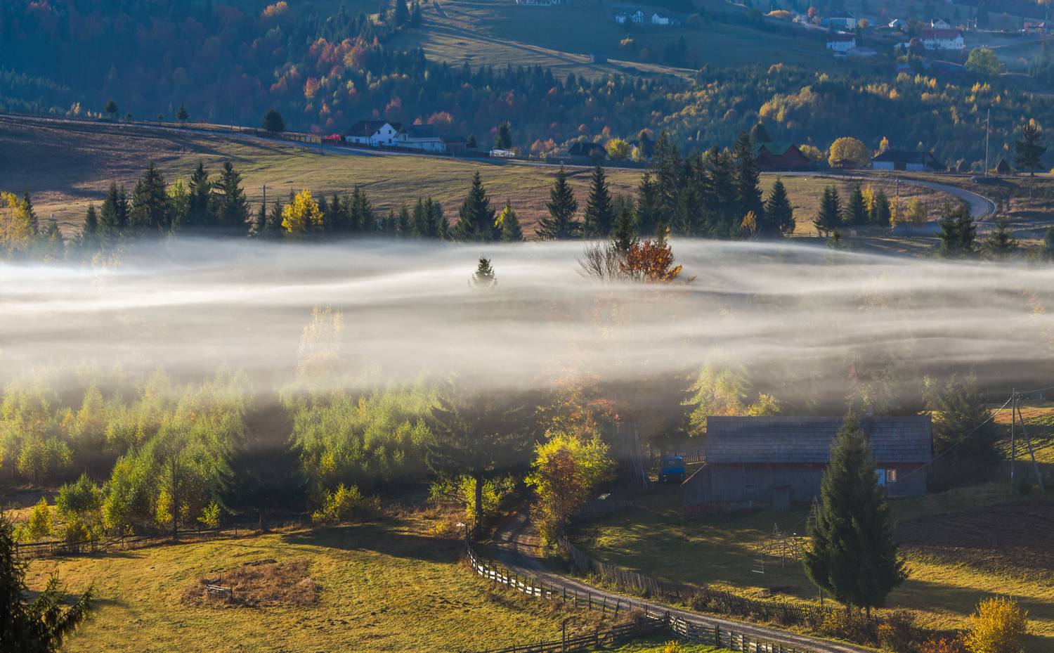 деревня дым туман утро осень, Мурзинов Виктор