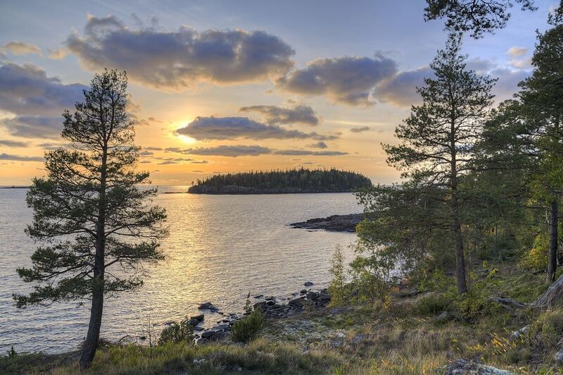 осень, озеро, вечер, остров  фото превью