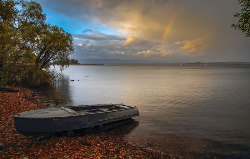 озеро, вода, пейзаж, радуга, лодка Радуга фото превью