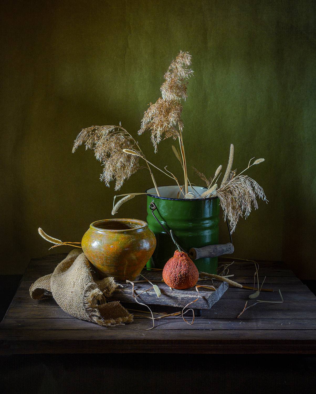горшок, керамический, бидончик, мандарин, сухая трава, мешковина, Алексей Бычков