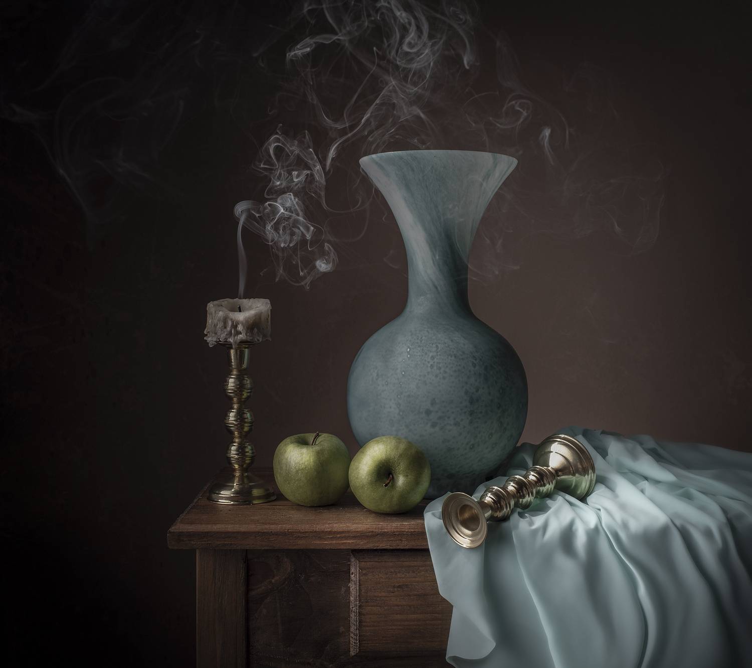 Still life, candle, light, smoke, apple, Maria Margareth Perfoncio