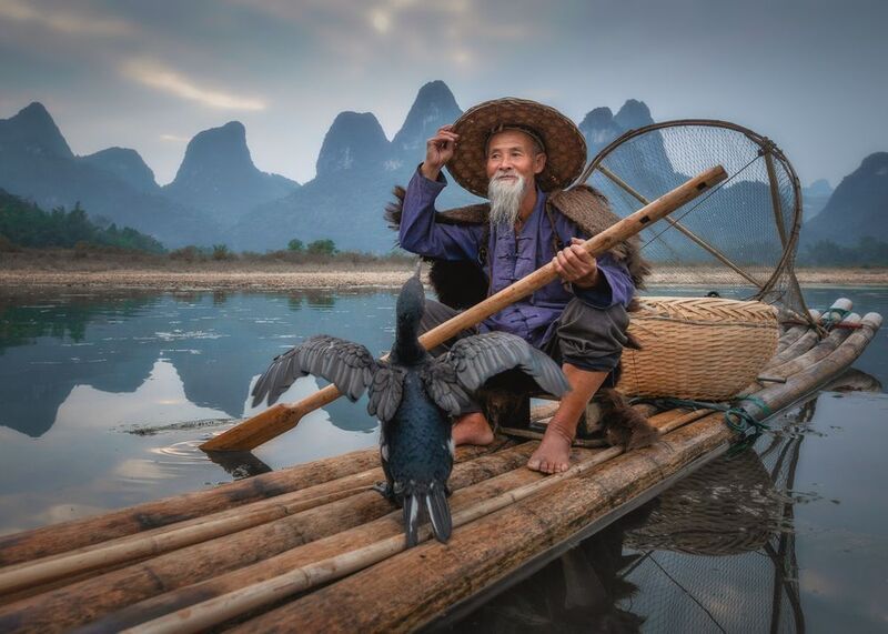 китай, china, fisherman, рыбак, баклан, xingping, guilin, youngshuo  Рыбак с бакланом на реке Ли фото превью