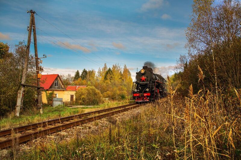 локомотив, паровоз, осень, пейзаж Паровоз фото превью