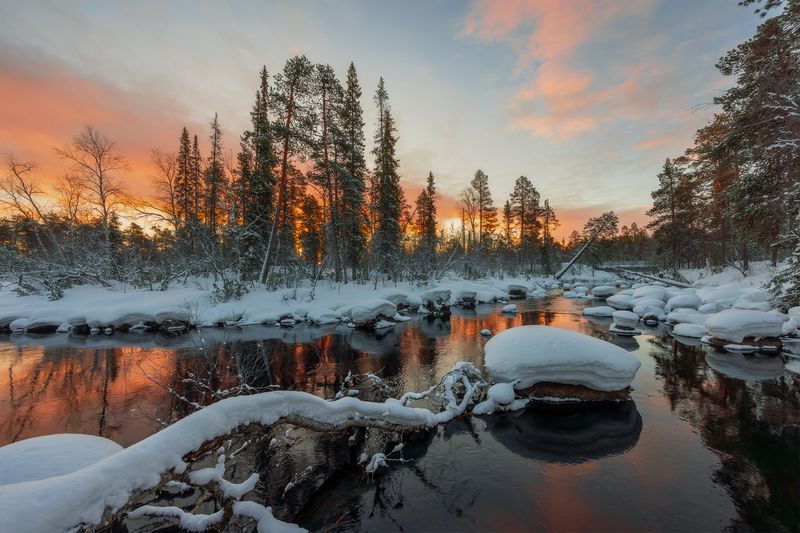 кольский, река, рассвет, зима, пауст, мурманская область, кольский полуостров, мурманск Рассвет на реке Пауст фото превью