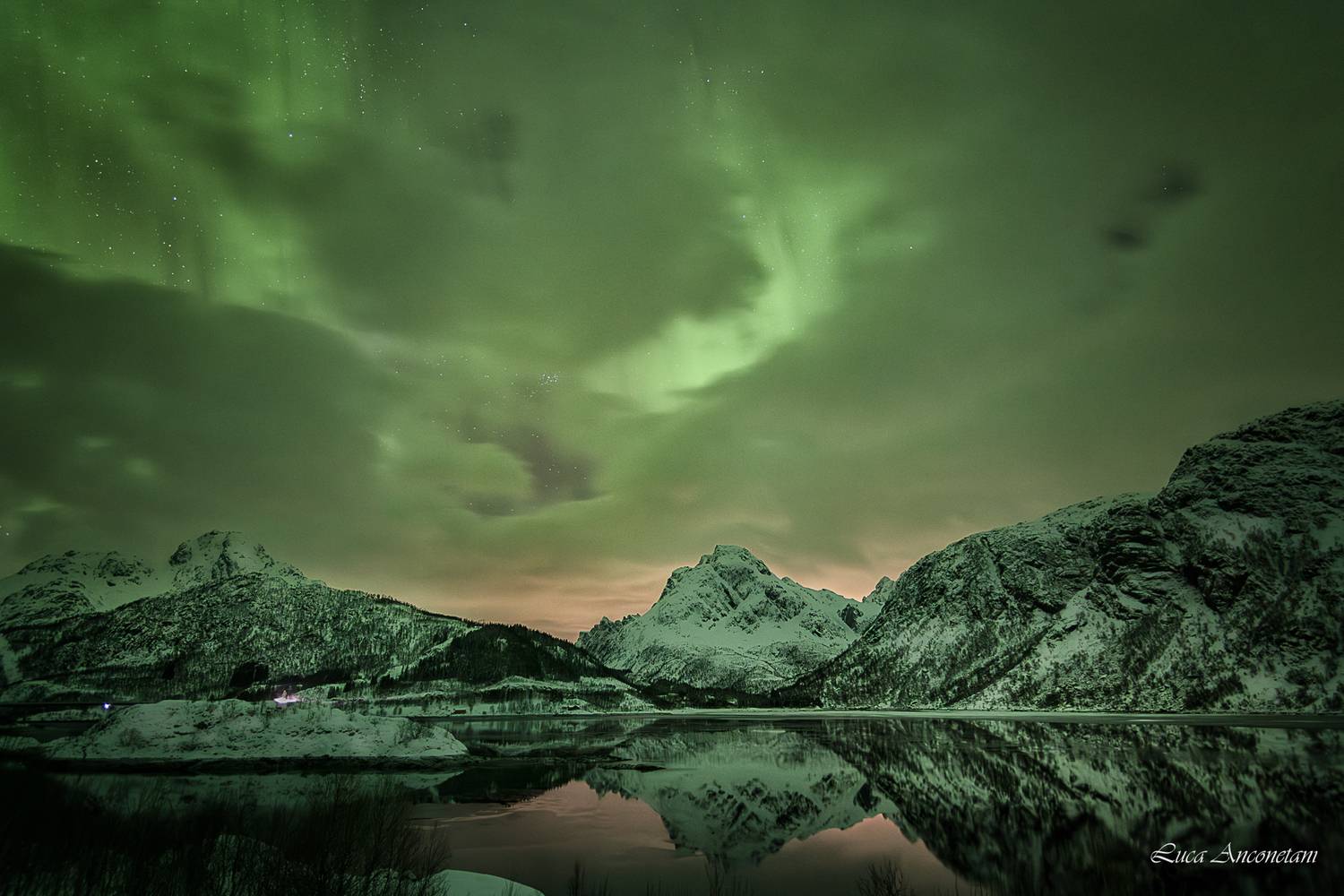 travel aurora boreale northern lights norway landscape winter sea reflex nature night, Anconetani Luca