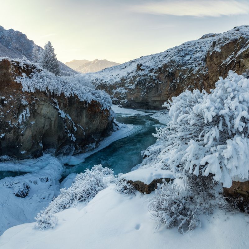 алтай, горный алтай, пейзажи алтая, онгудайский район, горная река, зимний алтай, горы, зима в горах, чуя, куржак, иней Кружево над рекой фото превью