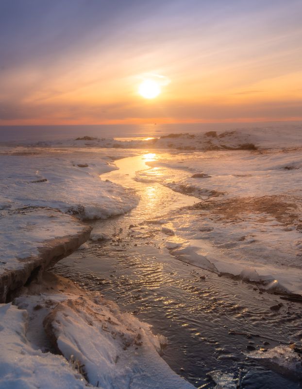 снег, солнце, закат, мороз, море Мартовский вечер на Финском заливе. фото превью