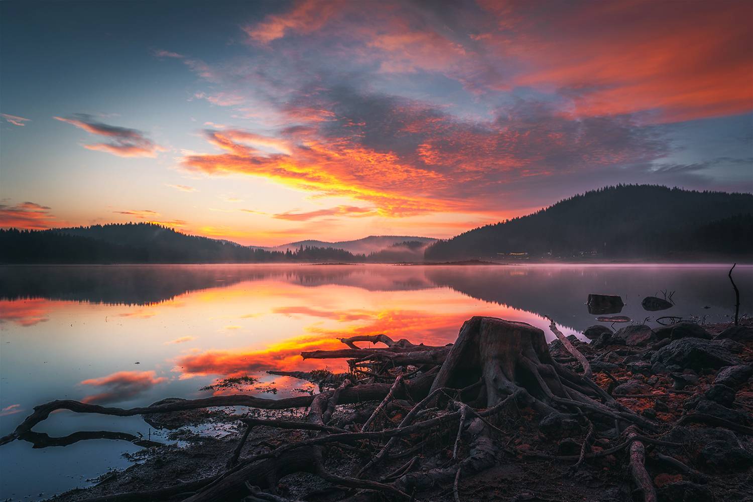 landscape, nature, scenery, summer, sunrise, morning, dawn, lake, reflection, mountain, trees, пейзаж, рассвет, горы, озеро, Александър Александров