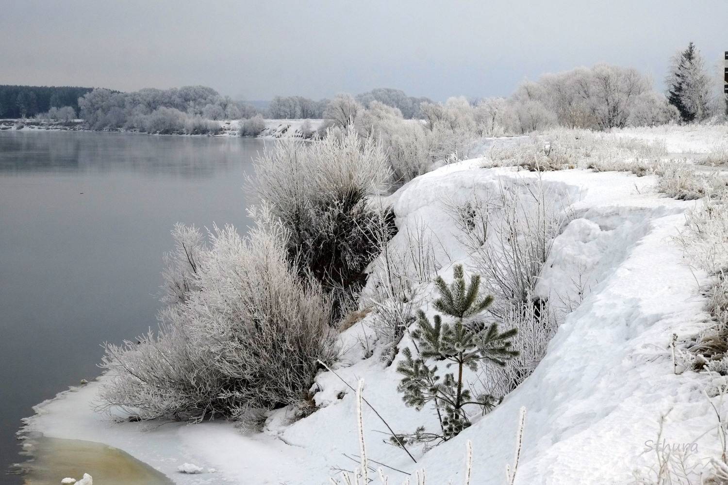 зима река снег берег природа пейзаж, Александр Строков