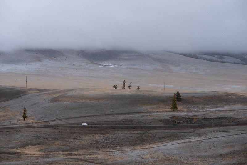 altay, autumn, landscape, topview, foggy, misty, road Платина с золотом фото превью