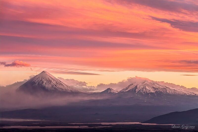 камчатка, пейзаж, закат, облака, вулканы, россия, путешествие, приключение Акварель Камчатки фото превью
