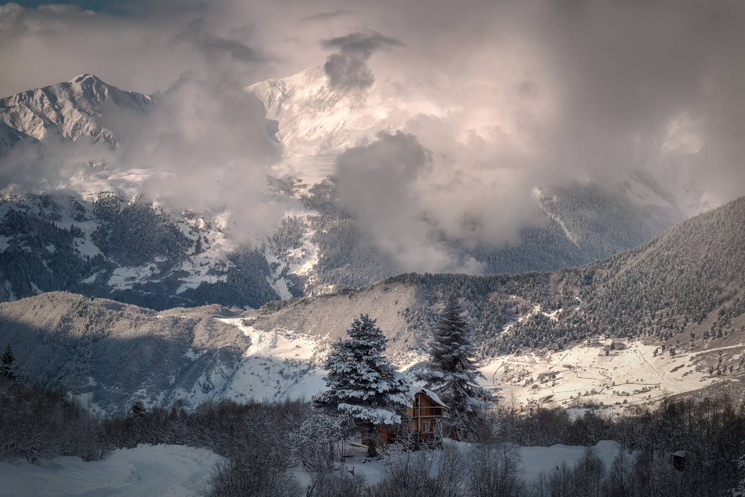 svaneti, tetnuldi, mountain, ski, snow, winter, cottage, clouds, january, mountains, nature, high, landscape, scenery, travel, outdoors, georgia, sakartvelo, caucasus, chizh, Чиж Андрей