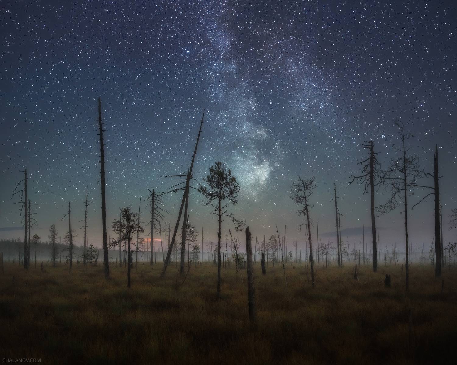 пейзаж, млечный путь, ночь, звезды, болото, туман, Иван Чаланов